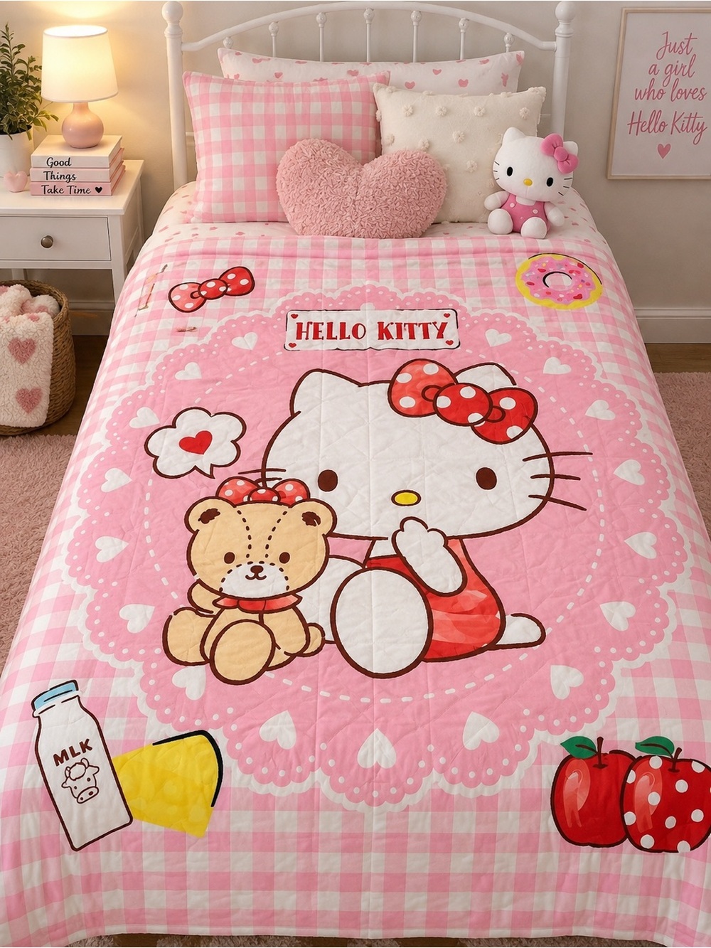 Sanrio Hello Kitty Twin Duvet Cover Reversible Pink Gingham Vintage Y2K Bedding